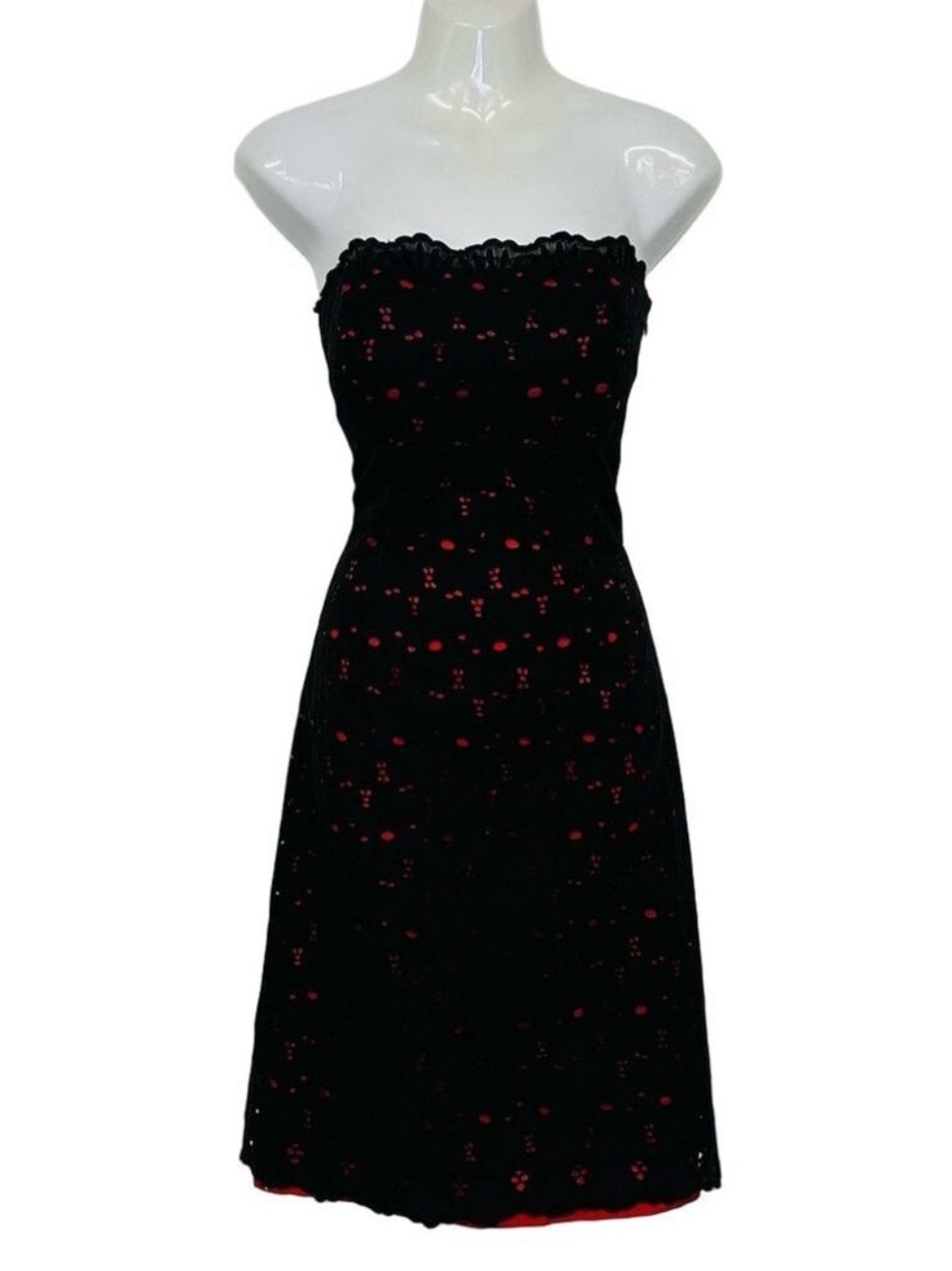 90s Vintage strapless dress Size 8 black lace eyelet over red lining Grad Prom